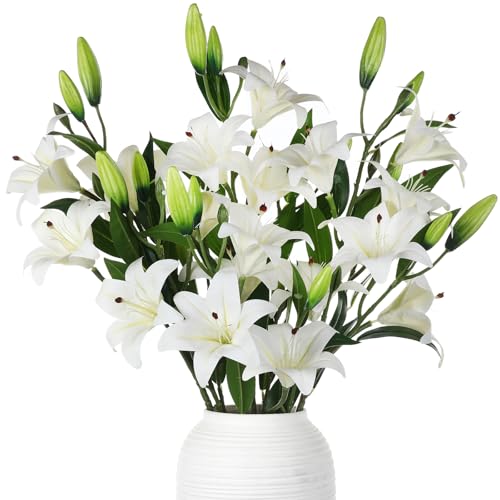 Dingion 6 Pcs 18 Heads Artificial Lily Flowers 31.5'' Mother's Day Lily Flowers Long Stem Fake Bouquet Latex Realistic 3 Big Flower Head 3 Bud for Tall Vase Home Table Wedding Decoration(White) - color: White