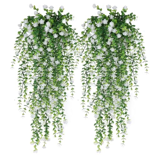 Artificial Hanging Flowers for Outdoor Indoor Decor, 6 Packs Fake Eucalyptus Vine Faux Flower Greenery Garland Plastic Plants Outside Wall Garden Wedding Home Party Decor (White) - color: White