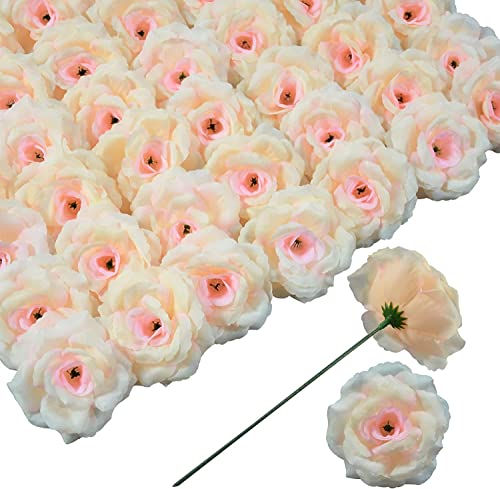 Rose Artificial Flowers, 50Pcs Champagne Roses Head Flowers Bulk with Stem, 3 Inches Silk Rose Fake Flower Head for Wedding Party Home Decor DIY Baby Shower Centerpieces Tables Decoration(Champagne) - color: Champagne