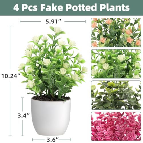 4 Pack Mini Potted Fake Plants, Realistic Artificial Eucalyptus with Flower | Realistic Small Faux Plant with White Pot, Fade & Weather Resistant, Durable No Aging, Ideal Indoor Decor for All Home Styles - color: Green-4pcs