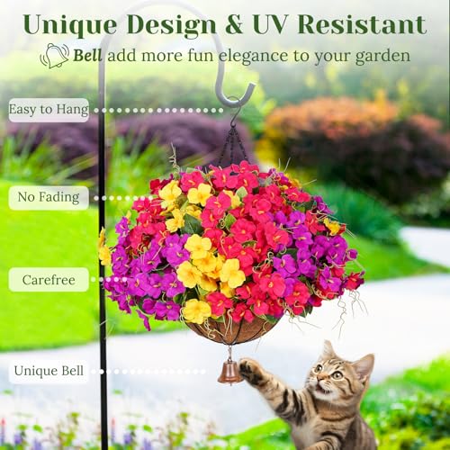 Dolicer 2 Packs Look Real Artificial Hanging Flowers for Outdoors, Realistic Artificial Flowers for Outdoors Hanging Basket UV Resistant Fake Hanging Flowers Plants for Outdoor Porch Patio Balcony - color: Purple+yellow+fuchsia, size: 2PACKS