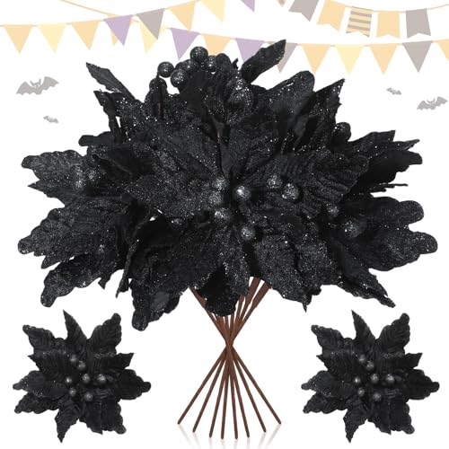 Giegxin 8 Pcs 8'' Halloween Black Flowers Poinsettia Flowers Halloween Artificial Poinsettia Stems Velvet Black Ornaments Fold Floral for Holiday Party Decorations - color: Black