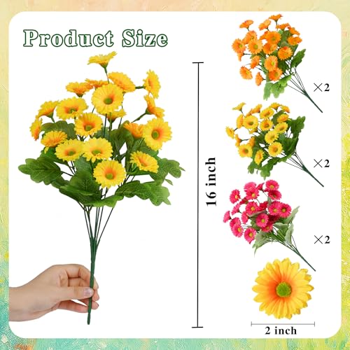 Waipfaru Artificial Flowers for Outdoors Faux Plants, UV Resistant Artificial Outdoor Flowers, Silk Daisy Realistic Fake Mums Flower for Front Porch Spring Home Planter Patio Decor, 6 Bundles, Mix - color: Yellow, Orange, Rose Red, size: 6 PCS