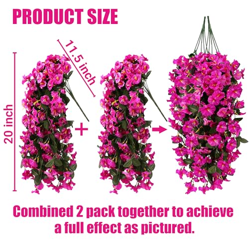 Sggvecsy Artificial Fake Hanging Flowers Plants for Outdoor Outside Spring Summer Decoration 4PCS Faux Silk UV Resistant Realistic Morning Glory Trailing Vines for Home Porch Patio Balcony(Purple red) - color: Purple Red, size: 4Pcs