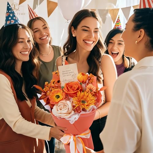 TINGE TIME Preserved Flowers Bouquet, Sunflower and Rose Bouquets, Orange Artificial Flowers Bouquet for Table Centerpiece Mothers Day Gifts Birthday Gifts Wedding Anniversary Housewarming - color: Brunt Orange