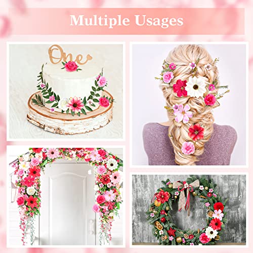 Cindeer 217 Pcs Mini Silk Flower Heads Bulk, Small Fake Flowers for Crafts Artificial 3D Loose Fabric Flower for Crafts DIY Wedding Party Hair Cap Dresses Decorations(Bright Color) - color: Bright Color