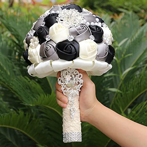 Sharebeauty 7.9 Inch Handmade Satin Rose Bridal Bouquet Toss Round Wedding Bouquet Throw Toss Artificial Flower Bunch Black + Dark Grey + Ivory - color: W3217d05 Black/Dark Grey/Ivory