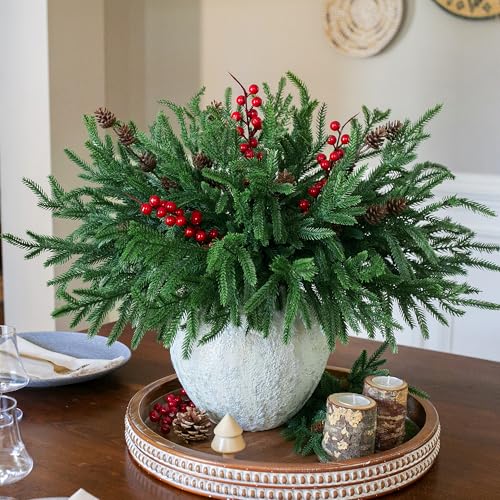 Artificial Christmas Norfolk Pine Stems Branches for Vases,17 Bundles Faux Pine Branches with Pinecones and Red Berries Branches,Fake Greenery Evergreen Real Touch for Holiday Winter Table Xmas Décor - color: Red Berries+small Pinecones
