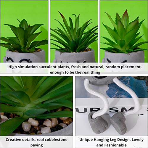 Creative Artificial Succulent Plants with Gray Pots Mini Potted Succulents Cute Fake Plants Succulents with Hanging Leg & Emotional Cement for Home Office Desk Decor and Gift Choice - color: 3set-smile