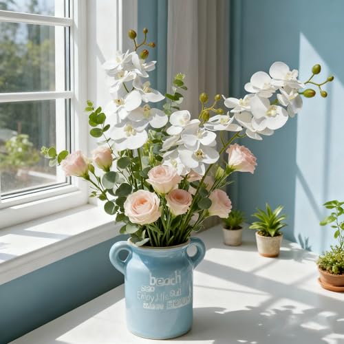 2 Branches Artificial White Phaleanopsis Flowers Faux Orchids Stems Leaves Plants for Home Bonsai Garden Decoration (White)