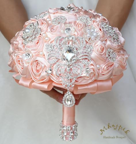 Bridal Wedding Bouquet Round Bling Brooch Bouquet Artificial Rose Flower Bunch for Bride Bridesmaid Wedding Quinceanera(Light Salmon Pink, 9.8") - color: Light Salmon Pink, size: Large (Dia. 9.8"/25cm)