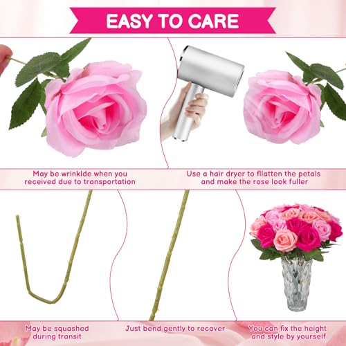24 Pcs Hot Pink, Light Pink Rose Artificial Flowers with Long Stem Real Touch Silk Roses Bulk for Wedding, Party, Table Centerpieces Bouquet, Bridal, Home Decor - color: Hot Pink, Light Pink, Pink