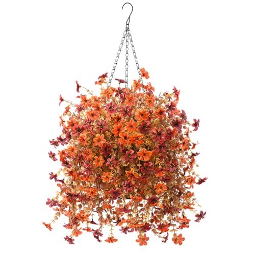 INQCMY Fall Artificial Faux Hanging Flowers Plants Basket for Outdoor Outside Decoration,Fake Silk Daisy in Planter Realistic UV Resistant for Home Porch Balcony Patio Yard Autumn Decor（Orange Brown） - color: Z Orange Brown