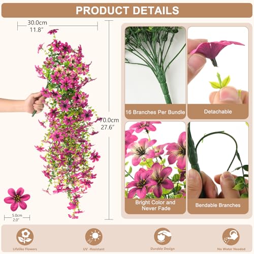 Artificial Hanging Flowers for Outdoors, 2 Pcs Fake Hanging Flowers Spring Summer Decor, UV Resistant Faux Artificial Outdoor Plants for Planter Front Door Porch Patio Garden Yard(Gradient Purple Red) - color: Gradient Purple Red