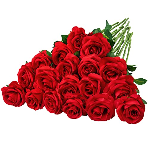 Ouddy Decor 20 Pcs Red Roses Artificial Silk Flowers Fake Roses Bouquet with Long Stems for Mother's Day Decor Wedding Home Party Table Centerpieces Bridal Bouquet DIY Floral Arrangment, Red - color: Red, size: 20 Packs