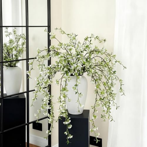 Zeyune 6 Pcs Artificial Cherry Blossom Branches with Green Buds 40", Spring Evergreen Faux Stem Plastic Plant Stem Picks Sprigs for Tall Vase DIY, Modern Home Table Wedding Indoor and Outdoor Decor - color: White, size: Blossom Style