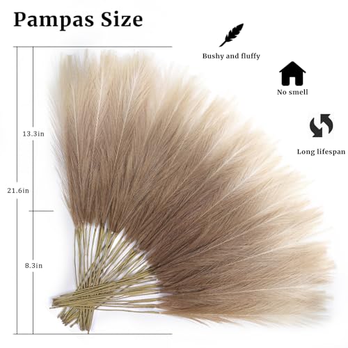 TORONTOKYO Brown Pampas Grass Decor, 50Pcs 21.6 inch Artificial Faux Brown Pompas Grass Small Short Fluffy Arrangement for Wedding Boho Home Decor Vase Filler - color: Beige Brown Gradient, size: 21.6inch-50Pcs
