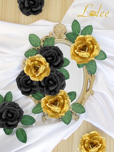 LELEE 108pcs Black Gold Roses Head Flowers with Long Stem - Bridal Artificial Flowers Rose Bulk - Silk Gold Black Rose Fake Flower for Wedding Bouquet Balls Arrangement Table Centerpieces Party Decor - color: Black-gold