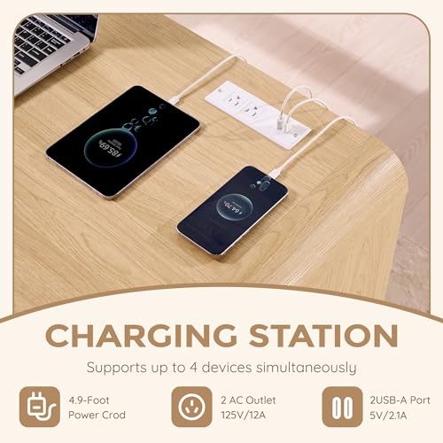 63" Modern Computer Desk with 2 Drawers, Wood Curved Executive Desk with Keyboard Tray & Power Outlet, Writing Desks with Storage for Home Office, Study Room, Living Room (Natural) - color: Natural