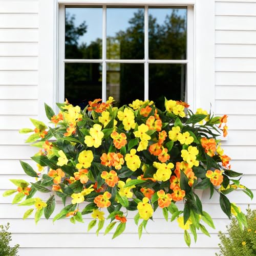 Hommyea Fall Artificial Flowers for Outdoor Fall Decor, 2 Bundles Fake Flowers UV Resistant Faux Silk Flowers No Fade Plastic Flowers for Outside Planters Home Porch Patio Yard Garden Decor - color: Orange Yellow