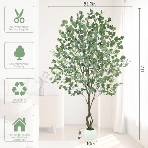 Caxchiling Large Artificial Eucalyptus Tree 7FT, Fake Tree for Indoor Outdoor, Lifelike Tall Floor Plants with Heavy Trunk and Ball-Shaped Pot, Home Office Decor Living Room Bedroom Doorway Hallway - color: Eucalyptus, size: 7ft