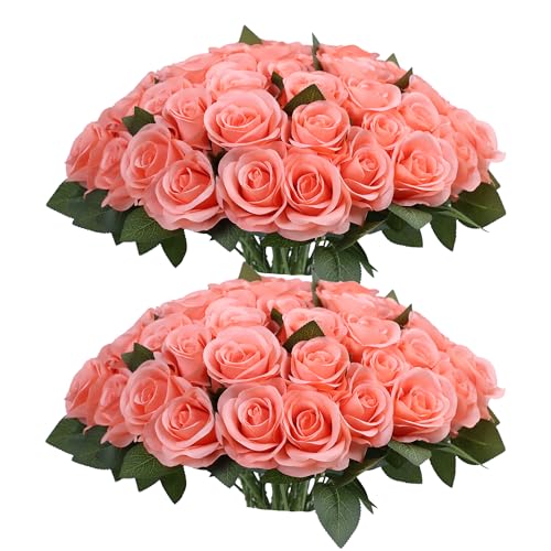 52pcs Coral Peach Roses Artificial Flowers Fake Flowers Silk Roses with Stems for DIY Wedding Bouquets Bridal Shower Centerpieces Arrangements Party Decorations - color: Coral Peach