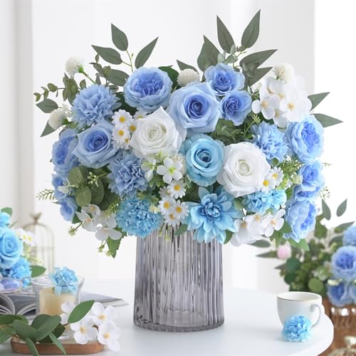 10 Pcs Mixed Artificial Flowers Set, Artificial Peony Bouquet Fake Rose Flower Silk Floral Arrangements for Table Centerpiece Home Wedding Party Bridal Vase Decoration(Blue, 6 Bouquets & 4 Stems) - color: Blue & White, size: Mixed 10pcs