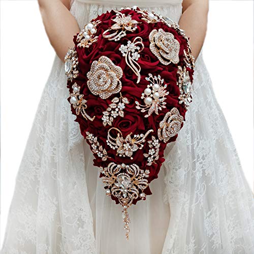YIFUwedding Bride Water Drop Wine red Bouquet Navy Blue Wedding Luxury Jewelry Proposal Bridesmaid Groom Corsage Wrist Flower Decoration (Burgundy Bouquet) - color: Burgundy Jewelry Drop Bouquet