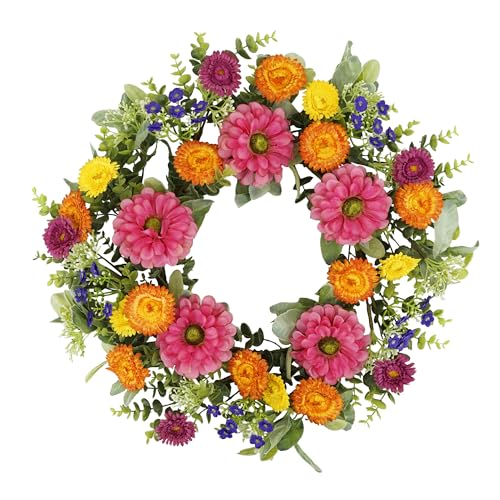 YNYLCHMX 20 inch Spring/Summer Front Door Ring Wreath, Simulated Colorful Daisy Petals, Suitable for Wall Window Farm Parties, Festivals, Home Decoration - color: Mixed Daisy