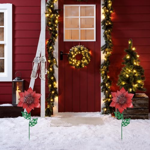 YEAHOME Outdoor Christmas Decorations, Set of 2 Poinsettia Flower Decorative Garden Stakes for Christmas Decor, Metal Red Flowers Xmas Decorations for Outside Garden Yard Lawn Porch - color: Red
