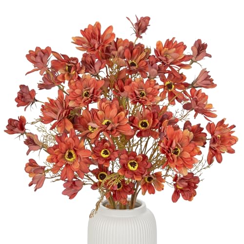 3 Bunches Artificial Daisy Flowers Bouquets for Fall Decor, 20" Faux Chrysanthemums Wildflowers for Autumn Thanksgiving Centerpiece, Silk Flowers Mums for Calliopsis Floral Arrangements, Light Red - color: Light Red