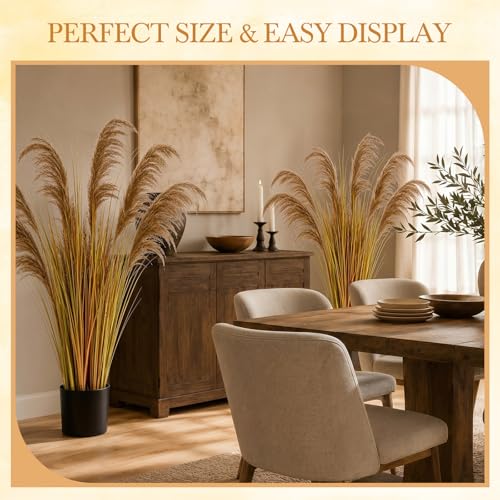 Jexine 2 Pcs Pampas Grass Potted Plants 4 ft Tall Artificial Grass Potted Artificial Greenery Floor Plants Tall in Pot for Housewarming Gift House Garden Bathroom Lobby Outdoor Decoration (Autumn) - color: Mainly Yellow, size: 4 ft