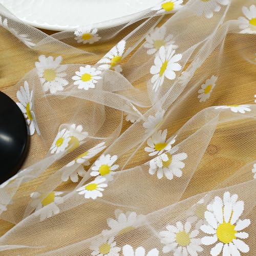 Daisy Gauze Table Runner 120 Inch 10FT, Floral Flower Tulle Table Runner Seasonal Kitchen Dining Table Decorations for Party Wedding Christmas Holiday Birthday (White) - color: White