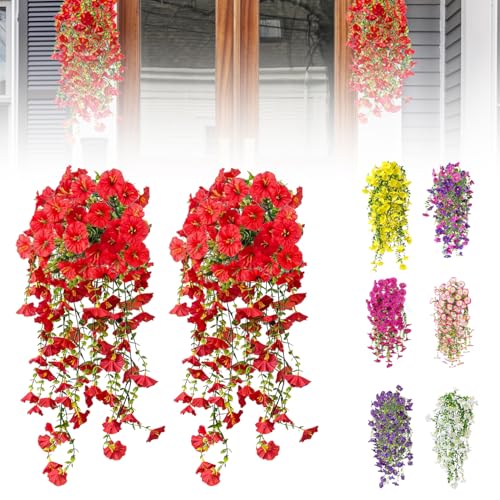 Artificial Flowers for Outdoors Fake Morning Glory Hanging Flower Decoration, 2 Pcs Realistic Faux Plants Petunias Trailing Vines, Spring Summer Decor for Porch Patio Balcony Planter Yard(Red) - color: Red, size: 2 Pcs