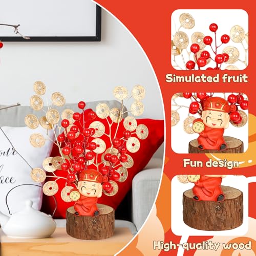Chinese New Year Bonsai Decoration Artificial Red Berries Gold Leaves Wealth God Blessing Potted Lucky Tree Crafts Chinese Spring Festival Ornaments for Home Office Table Decor Housewarming Gift - color: Red New Year-3