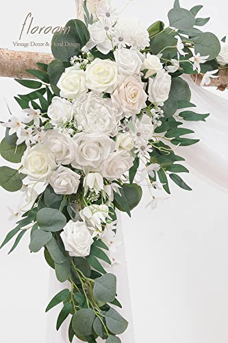 Floroom Arch Flowers with Drapes Kit (Pack of 4) - 2pcs Artificial Ivory & White Floral Swag Arrangement with 2pcs Draping Fabric for Wedding Ceremony Arbor and Reception Backdrop Decoration - color: Ivory Greenery