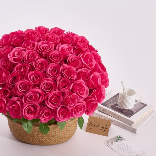 60 PCS Fake Hot Pink Roses Artificial Flowers Bulk Realistic Silk Faux Rose with Stems for Wedding Decoration Anniversary Bridal Bouquet DIY Floral Arrangement Romantic Home Decor Gifts - color: Hot Pink