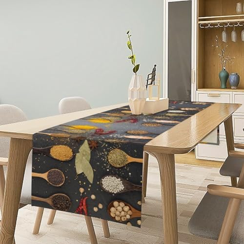 Spices Table Runner,Black Rustic Chilli Food Farmhouse Kitchen Dining Table Cloth for Home Indoor Outdoor Kitchen Holiday Party Wedding Decor 13x36 Inch - color: Kitchen-12, size: 13x36in