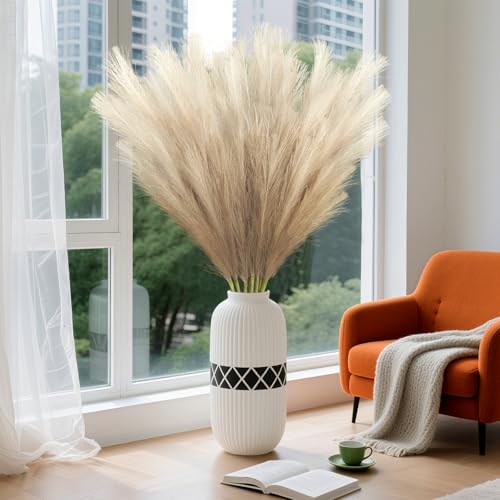 Torontokyo 8Pcs Beige Brown Faux Pampas Grass Tall Decor, 35.4” Fluffy Artificial Pompous Grass Branches, Large Pampas Grass Reed Stems for Floor Vase Filler, Wedding, Baby Shower, Home and Boho Decor - color: Brown, size: 35.4inch-8Pcs