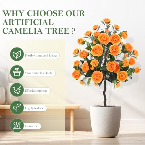Lunmon 2 Pack 4ft Artificial Camellia Plants Tree without Vase 48" Faux Camellia Flower with Spike UV Resistant Realistic Fake Floral Blooming Bush for Outdoor Front Door Porch Backyard Garden, Orange - color: Orange, size: 4 ft