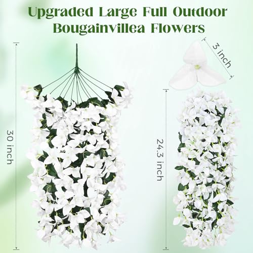 2 Pcs UV Resistant Artificial Flowers for Outdoors, Realistic Faux Silk Bougainvillea Flowers, Fake Hanging Plants for Porch Patio Balcony Decoration (White) - color: White, size: 2 Pcs