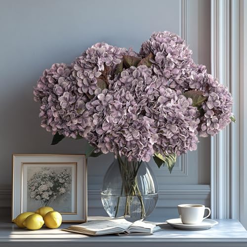 Artificial Flower Fake Silk Hydrangea Heads Bouquet With Stems Bulk for Fall Decoration Table Center Christmas Indoor Outdoor Faux Decorations Floral Realistic With Leaves Plants Craft(Grayish Purple) - color: Grayish Purple