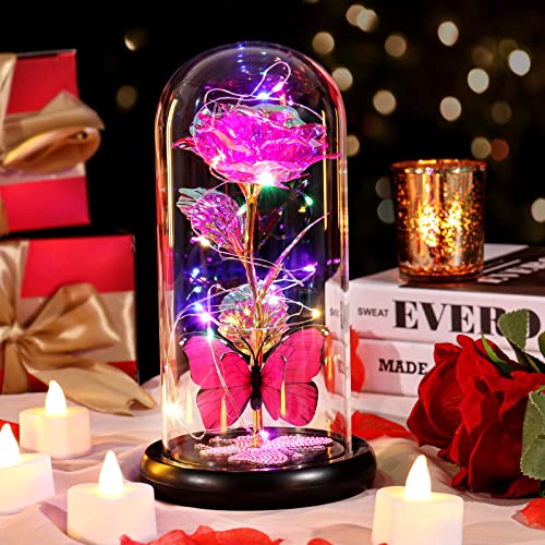 Gifts for Mom Birthday Gifts for Women Pink Rose Eternal Flower Light Up Rose in Glass Dome with Butterfly, Galaxy Crystal Flowers Gifts for Grandma Wife Daughter Her Delivery Prime - color: Light Pink
