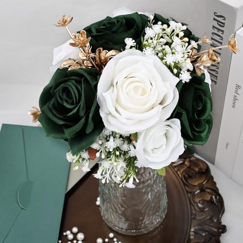 Wedding Bridesmaid Bouquets Set of 4, Artificial Silk Flowers Arrangement for Ceremony Marriage Proposal Party Anniversary Decorations - Emerald Green & Gold & White - color: Emerald Green & Gold & White, size: Set of 4 Bouquets