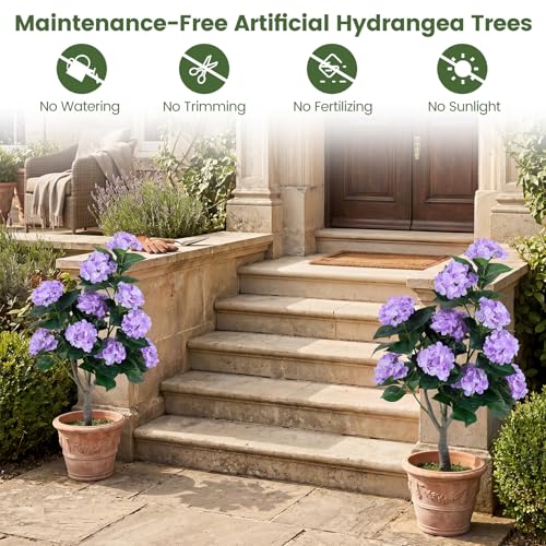 Goplus Artificial Hydrangea Tree, 2 Pack Fake Floral Plant w/11 White Flowers & Realistic Trunk in Plastic Nursery Pot, Indoor Silk Flower Tree for Home Office Living Room Housewarming Gift (Purple) - color: Purple