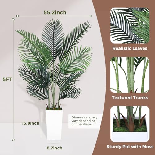 Jocoevol Artificial Golden Cane Palm Tree 5FT, Artificial Palm Tree with Pot, Fake Palm Tree for Home Living Room, Tropical Palm Tree for House Warming - size: 5ft