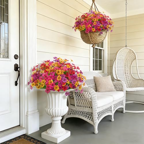 Ammyoo 24 Pcs Artificial Fake Flowers for Outdoor Spring Decoration, Faux Flowers No Fade UV Resistant Silk Flower Plants for Outside Garden Yard Porch Patio Balcony Indoor Decor(5 Colors) - color: Mix（red, Purple, Yellow, Rose Red, Fuchsia)