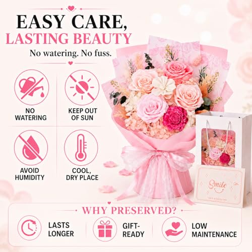 Pink Preserved Flowers Bouquet, Eternal Real Flower for Women Real Roses That Last 3 Years Handmade Floral Arrangement for Mother's Day Birthday Gifts Anniversary Surprise for Mom Women Her - color: Pink