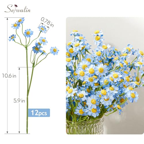 Serwalin 12pcs Small Blue Daisy Flowers Artificial, Realistic Fake Daisies Faux Wildflower Daisy Arrangements for Wedding, Vase Centerpiece Table Decorations, DIY Home Party(Not Include Vase) - color: Blue, size: 12PCS