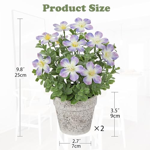 GnFlus Artificial Flower in Rustic Pot Purple Fake Cherry Blossom with Leaves Potted Plant Farmhouse Spring Decor for Home Living Room Shelf Decor Enterway Table Decoration 2 Pack - color: Purple
